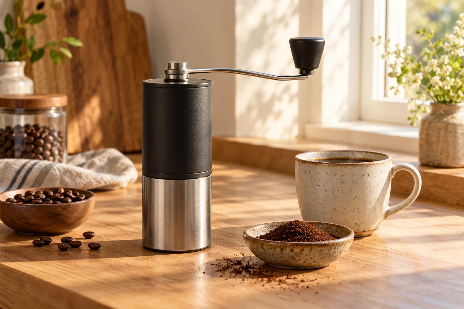 A coffee brewing workspace with a grinder and coffee beans